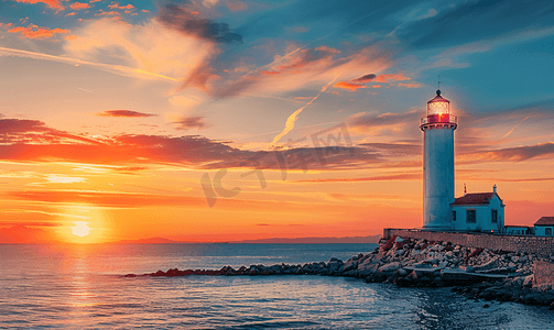 晚霞夕阳下的海边灯塔
