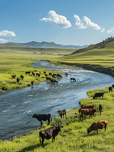 大自然图片摄影照片_呼伦贝尔草原河边的牛群