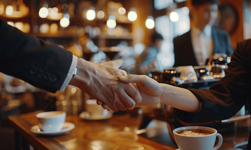 商务人士在咖啡厅合作握手