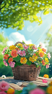春暖花开背景图片_清新春天公园长凳上的花篮2背景素材