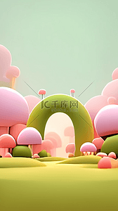 拱形背景图片_春天3D可爱卡通蘑菇母婴电商展台素材