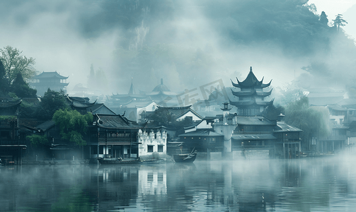 中国风双喜摄影照片_充满中国风的江南水乡雾气景色