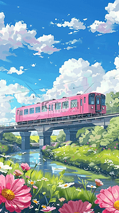 列车背景图片_春日出游花田里的粉色列车背景素材