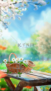 春暖花开背景图片_清新春天公园长凳上的花篮9背景素材