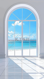 蓝色大海风景3D拱窗大窗展台背景图