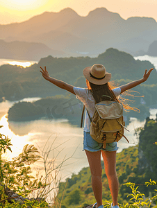 旅游介绍摄影照片_女导游向游客介绍景点