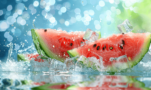 清凉夏日简约背景摄影照片_夏季清凉解暑喷冰块的西瓜