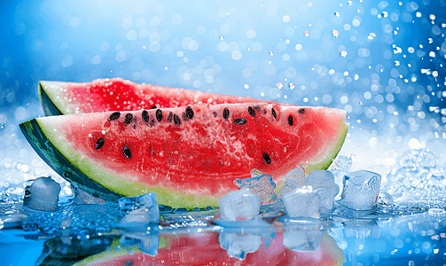 清凉夏日简约背景摄影照片_夏季清凉解暑喷冰块的西瓜
