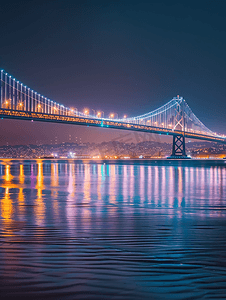 蓝色弧线摄影照片_跨海大桥城市夜景