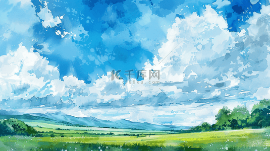蓝天白云风景油画山脉景色背景
