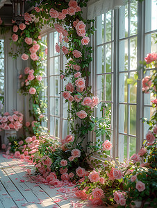 窗边粉红色的玫瑰高清摄影图