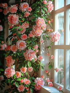 窗边粉红色的玫瑰摄影照片