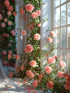 窗边粉红色的玫瑰高清图片