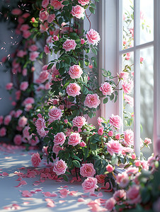 窗边粉红色的玫瑰摄影配图