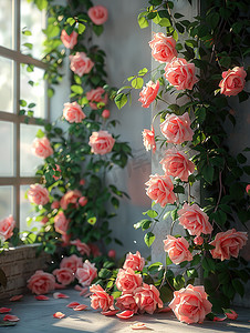 窗边粉红色的玫瑰摄影图