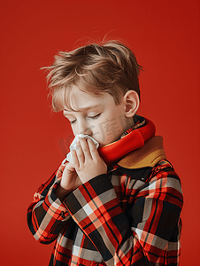 鼻子卡通图片摄影照片_吹他的鼻子的病的小男孩在手帕呼吸