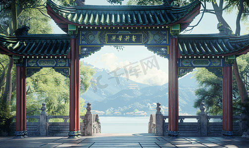 简约清新唯美摄影照片_简约中国古建筑拱门背景