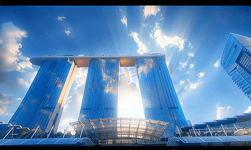 新加坡猫摄影照片_蓝天下的新加坡金沙酒店