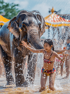泼水节庆祝传统节日庆典大象女孩