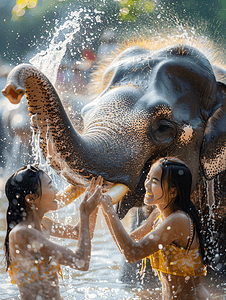 傣族泼水节摄影照片_傣族姑娘泼水节大象庆祝