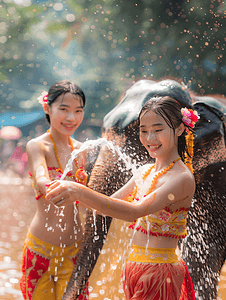 傣族姑娘泼水节大象庆祝传统节日庆典