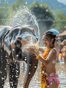 泼水节美女大象庆祝传统节日庆典
