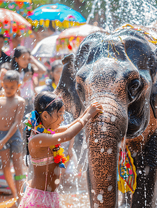 泼水节大象庆祝传统节日庆典傣族女孩