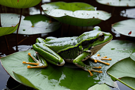 绿色荷叶上的青蛙摄影图3
