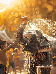 傣族泼水节摄影照片_泼水节庆祝传统节日大象喷水