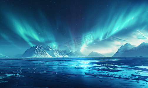 星空摄影照片_海洋上的北极光星空与极地的冬季景观