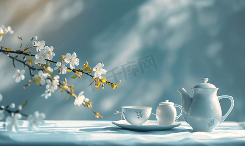 白色茶具摄影照片_花瓶与茶具氛围