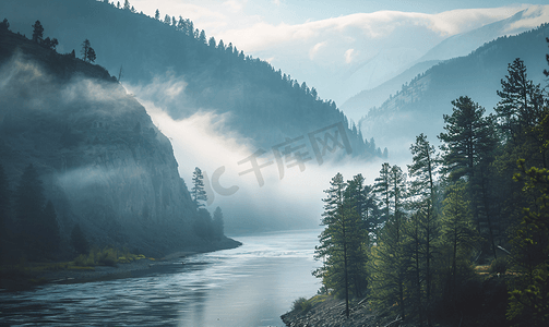 水墨河流摄影照片_山脉河流平流雾