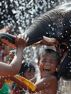 泼水节庆祝节日小男孩玩水大象喷水