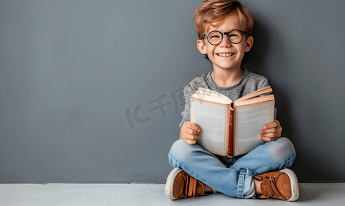 拿着书本坐在书旁的快乐男孩