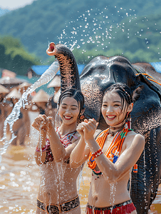 傣族泼水节摄影照片_泼水节大象庆祝传统节日庆典傣族姑娘