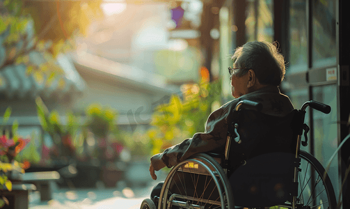积极树消极树摄影照片_亚洲人孤独的老人坐在轮椅上