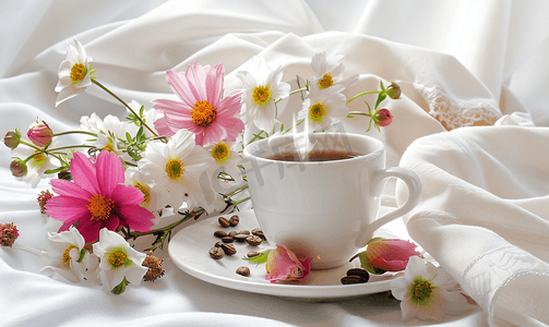 文艺小清新咖啡摄影照片_桌上的花与咖啡