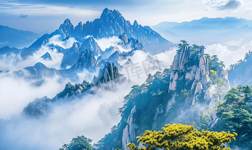 古典中国风边框摄影照片_黄山雪松山峦美景