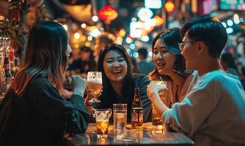 中考必胜人物摄影照片_亚洲人青年朋友在酒吧喝酒人物