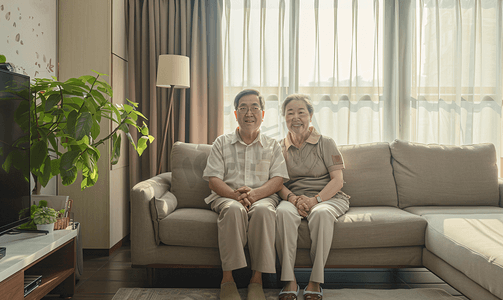 老年沙发摄影照片_亚洲人幸福的老年夫妇在客厅