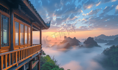 中国山水风背景摄影照片_武夷山云雾日出