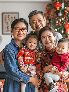 东方女人摄影照片_亚洲人幸福家庭过新年