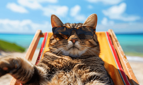 一只猫正躺在沙滩椅上晒太阳
