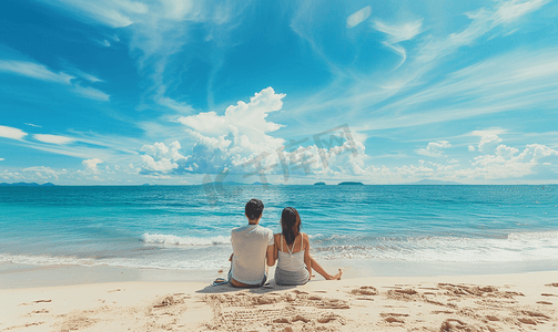 卡通男孩坐在西瓜上摄影照片_海边情侣坐在沙滩看大海背影