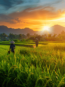 自然农民摄影照片_亚洲人夕阳下农田里的农民