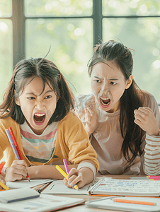 家庭摄影照片_亚洲人年轻妈妈为辅导女儿的作业生气2