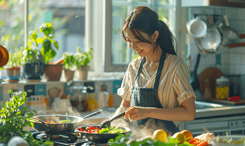 亚洲人青年女人在厨房里做饭