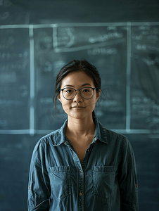 教师类求职简历摄影照片_亚洲人老师站在教室的黑板前