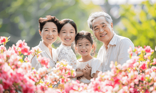 女孩抱着花摄影照片_亚洲人站着花丛中的快乐一家人