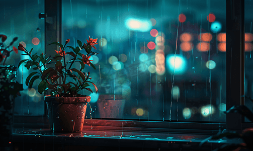 雨中飘落的回忆摄影照片_雨夜窗子光斑